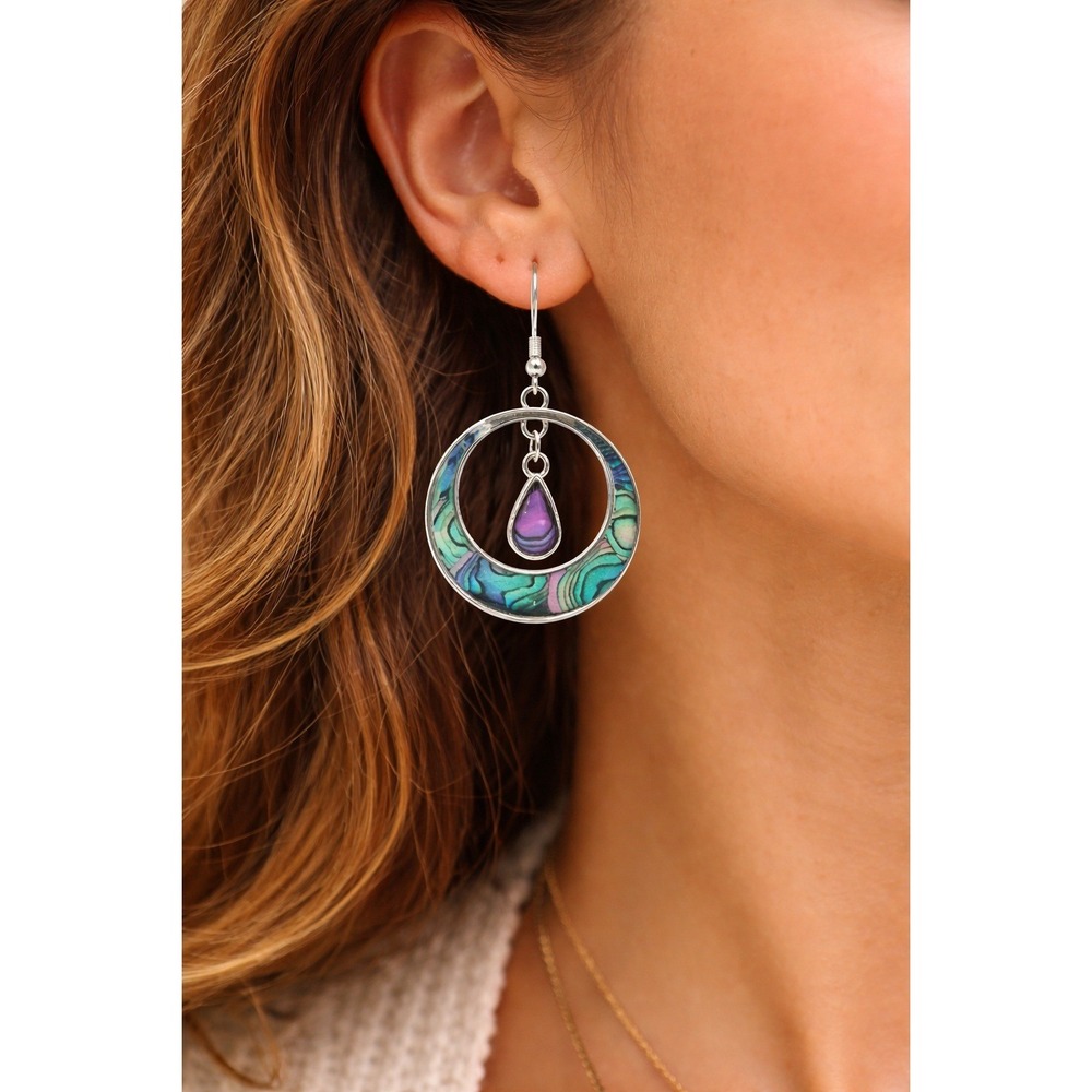 ABALONE SHELL & PURPLE TEARDROP DANGLE EARRINGS SILVER TONE BOHO STATEMENT